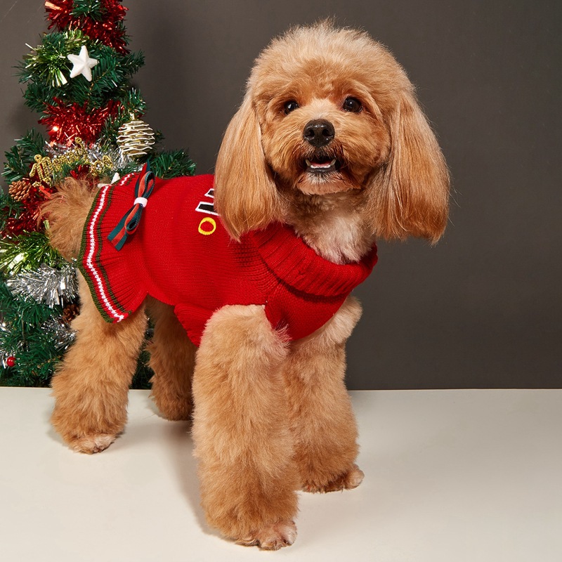 Christmas Pet Sweater Dress Cat Dog Clothes Autumn and Winter HoHo High Neck Bow Embroidery Skirt