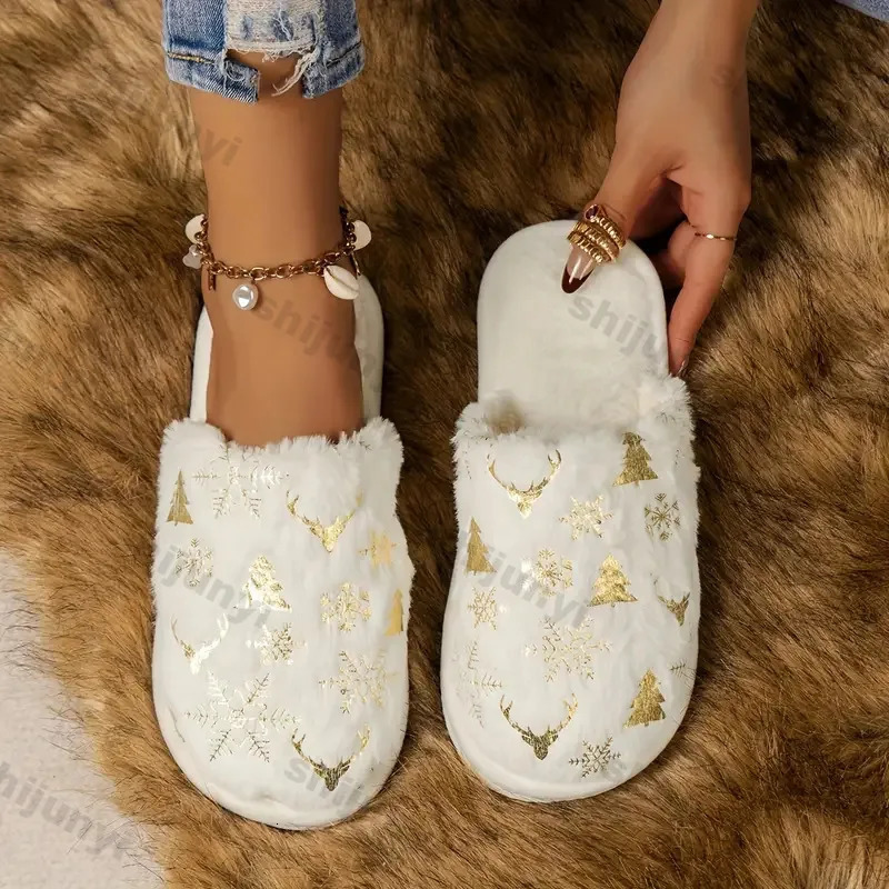 Women Christmas Plush Cotton Slippers Ladies Winter Soft Plush Warm Shoes Girls Indoor Anti-slip Fluffy Slides Plus Size 45 241126