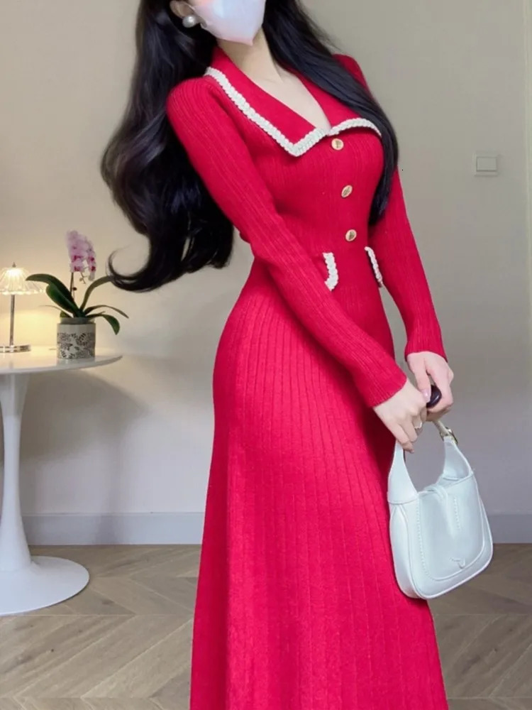 Autumn and winter womens knitted dress with a lapel Korean fashion A-line casual solid dress ultra-thin Vestidos Mujer item 241125