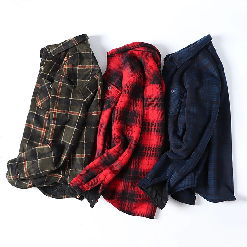 Mens long sleeved Sherpa lined shirt jacket wool plain flannel shirt casual autumn thick warm shirt US size 241126