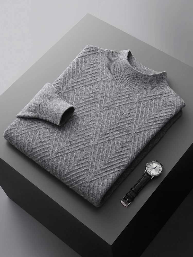 Mens 100% pure wool knitted sweater with loose collar and floral long sleeved casual top warm bottom shirt for Spring Festival autumn and winter X2411