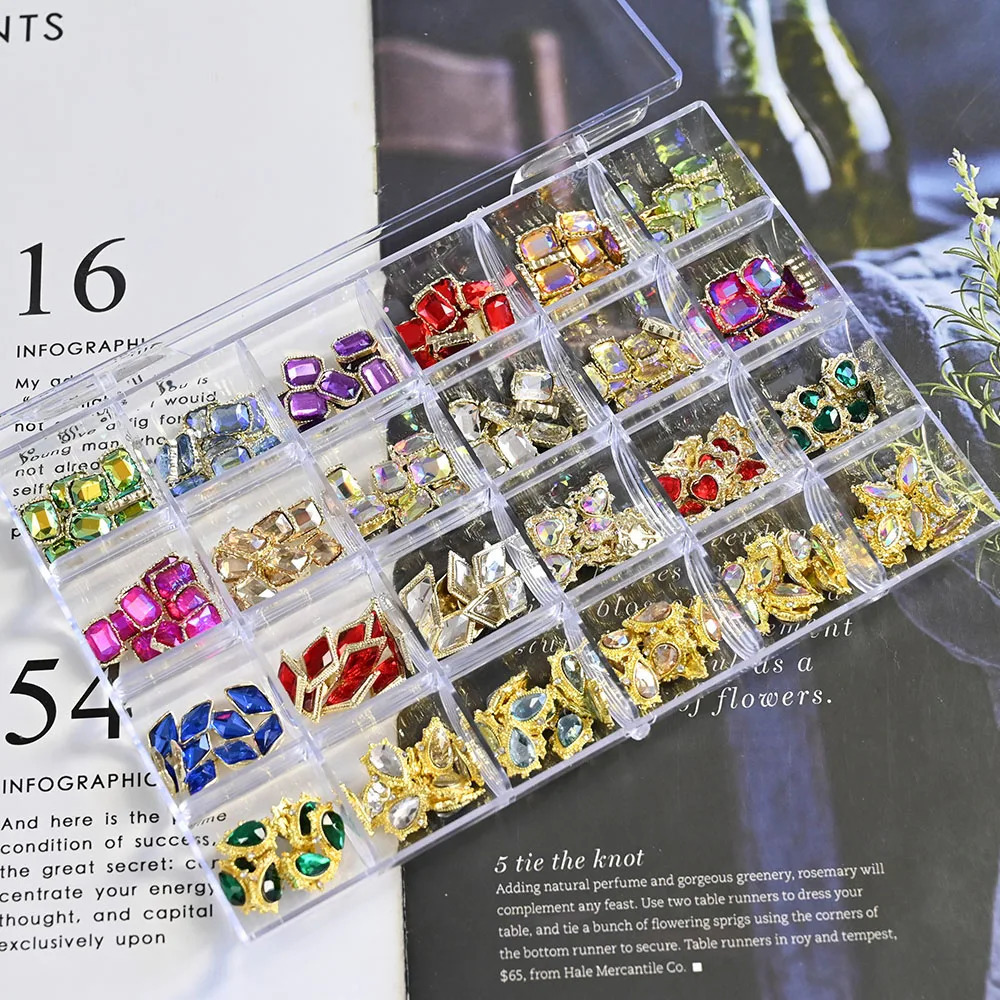24Grids * 5pc 3D nail alloy gemstone rhinestone jewelry charm heart-shaped crystal gemstone DIY nail processing accessories 241126