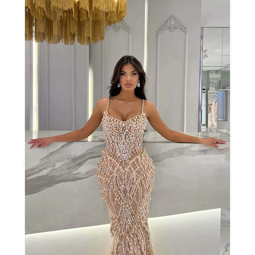 Champagne Mermaid Evening Dresses Pearls Straps Formal Prom Dress Beading Lace Dubai Arabic Red Carpet Gown Robe De Soiree
