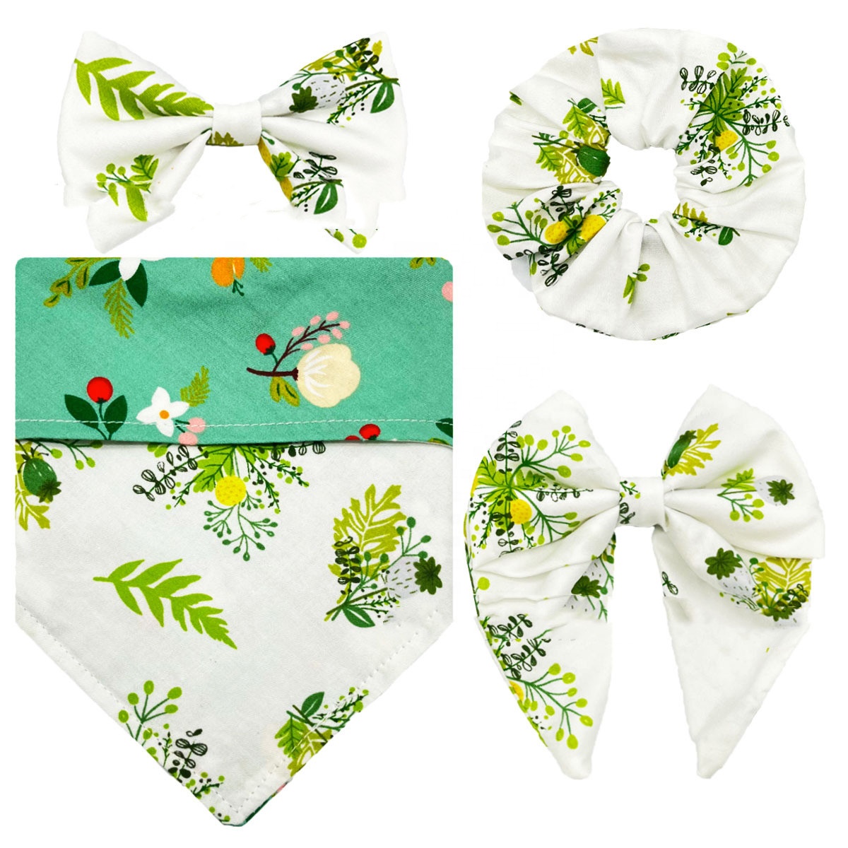 4pcs Tropical fruit style pet triangle scarf set dog KERCHIEF cat bow collar scrunchies double layer ties bandana set