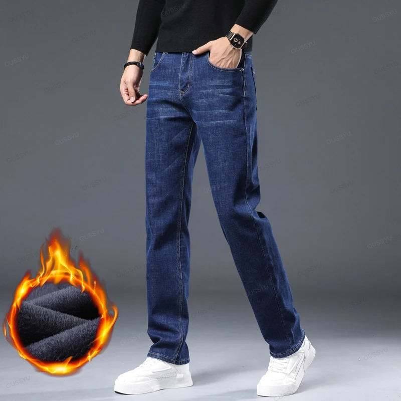 Winter Fleece Warm Thick Jeans Men Business Straight Denim Pants Plush Flocking Work Outdoors Blue Trousers Male 241126wtt