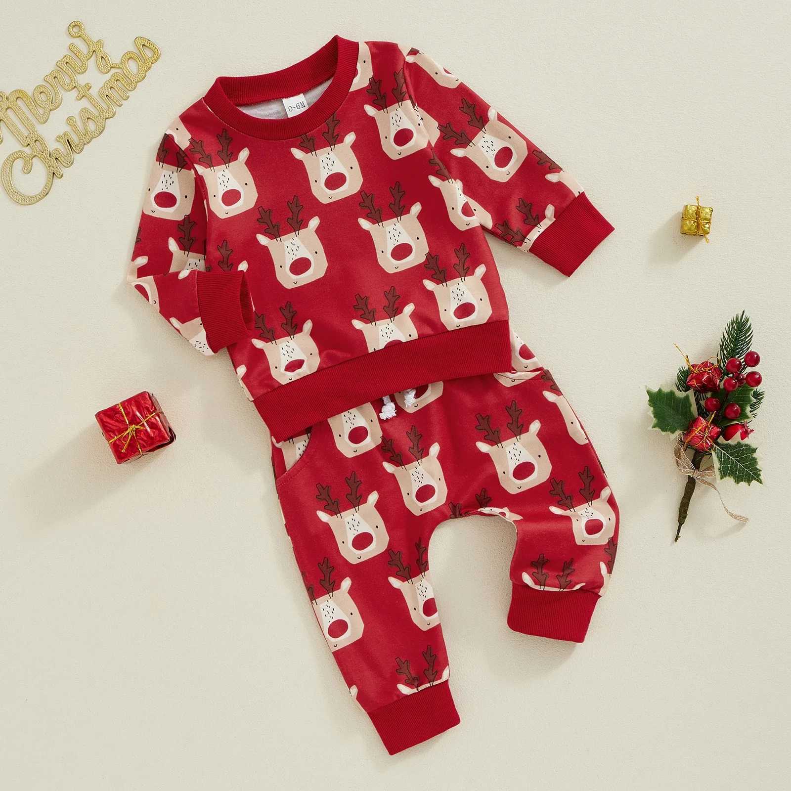 Clothing Sets Baby Cartoon Elk Print Long Sleeve Crew Neck Sweatshirt with Elastic Waist Sweatpants Christmas Costume for Girls Boys H241126