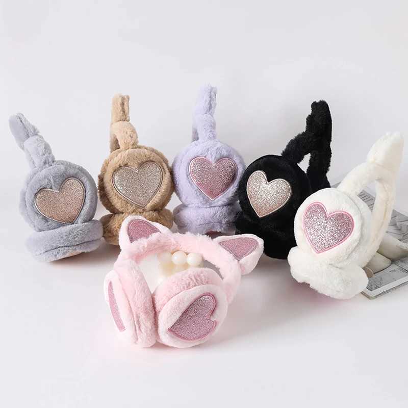 Cute Glitter Cat Ear Earmuff Soft Plush Warmer Winter Warm For Women Men Fashion Solid Earfl Outdoor Cold Protection Ear CoverXJ241126