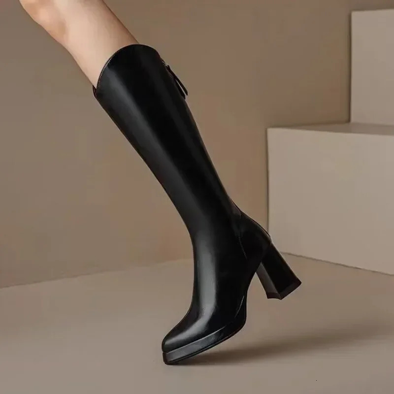 Female Shoes on Sale High Quality Zipper Womens Boots Winter Pointed Toe Solid High Tube Chunky Heels Fashion Boots 241114