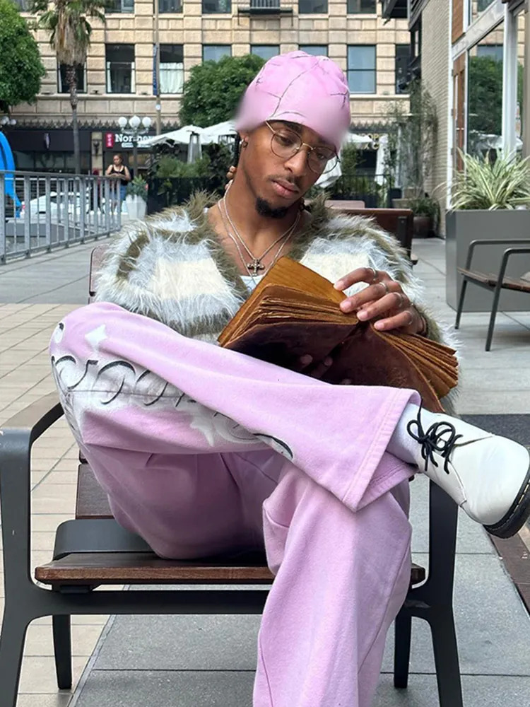 Mens V-neck long sleeved striped plush cardigan casual and comfortable Harajuku loose sweater autumn mens high street top 241126