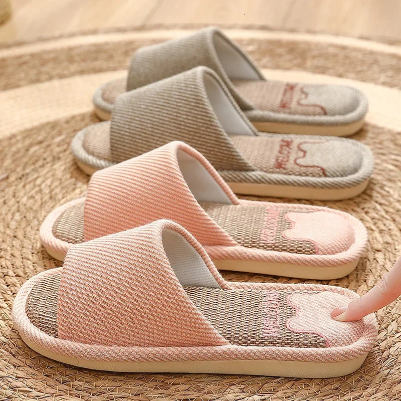Linen slippers indoor breathable womens slippers linen couple anti slip shoes beach sandals comfortable apartment 241126