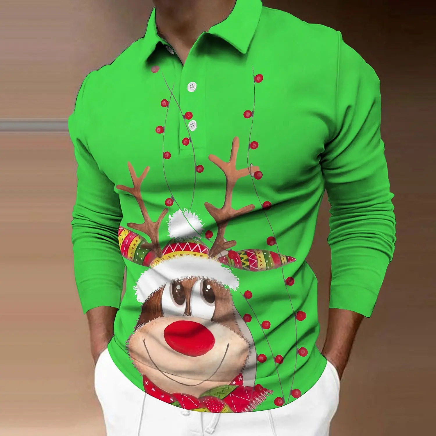 Cartoon Elk 3D Print Mens Long Sleeved Polo T Shirt Casual Lapel Loose Tops Fashion Year Christmas Clothing Autumn Pullover 241126
