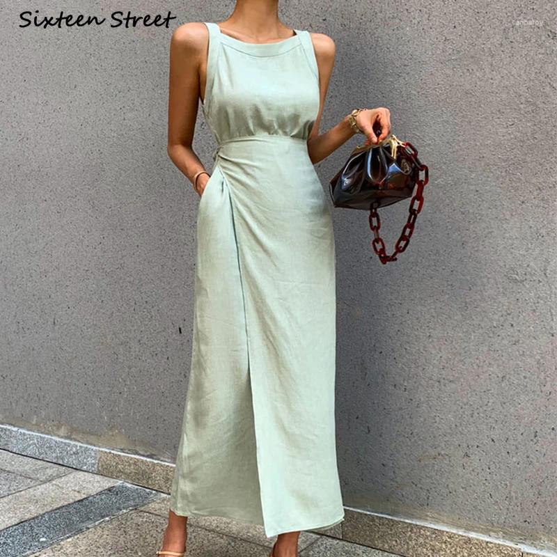 Casual Dresses Chic Green Dress For Women Lace-up Sleeveless 2024 Summer Elegance Vestido Clothing Business Korean Street Linen