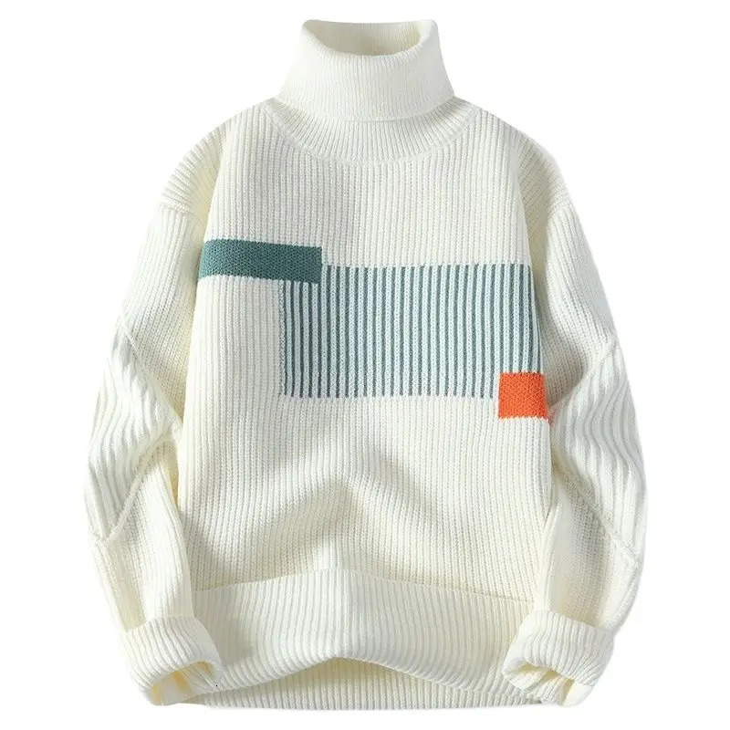 Autumn and Winter Fashion Turtle Neck Sweater Mens Patch Work Knitted Lanhua Korean Casual Sweater Loose Mens Warm Lanhua Knitted 241126