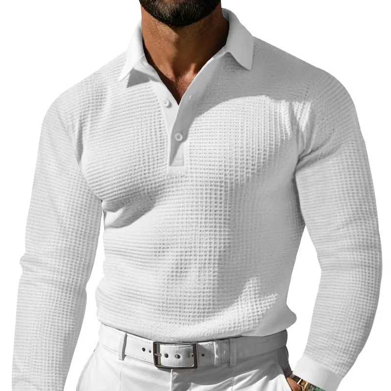 Autumn mens casual long sleeved polo shirt fashionable solid color slim fit collar button waffle golf latte holiday casual T-shirt 241121