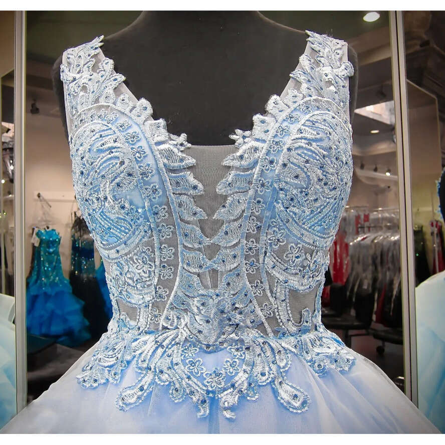 Year Sweet Lace Quinceanera Blue Tulle Vestido Debutante Anos Ball Gowns V Neck Sheer Prom Dresses For Party Ruffles