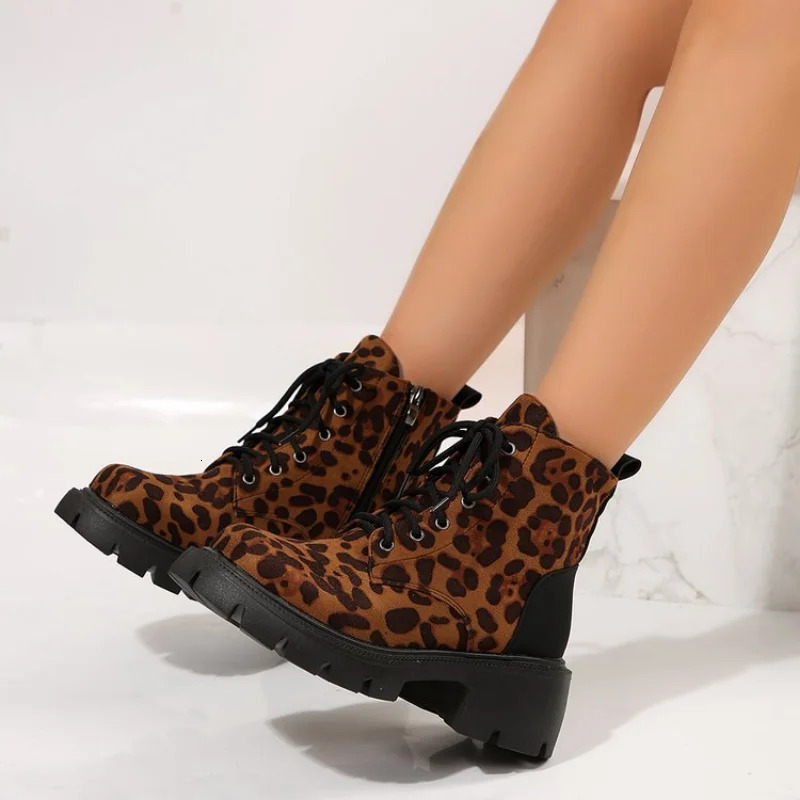 Shoes for Women Fashion Lace Up Women Boots Winter Round Toe Leopard Print Short Barrel Chunky Heels Zipper Plus Size Boots 241114