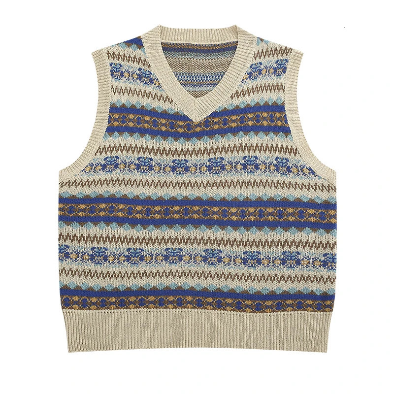 Sweater Vest Men O-neck Japanese Striped Stylish Harajuku Apricot All-match Unisex Clothing Knitwear Baggy Streetwear A10 241126