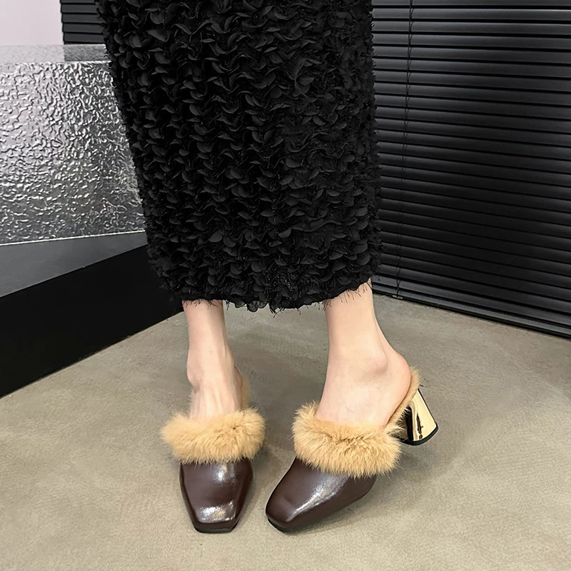 Winter Women Fur Mules Slippers Fashion Thick Heel Slides Ladies Outdoor Warm Cotton Shoes 241126