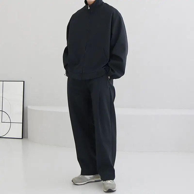 Autumn and Winter Tracksuit Collar Zipper Jacket Mens Korean Open Woolen Sweater Versatile Casual Sports Pants 2-piece Set/Single 241126