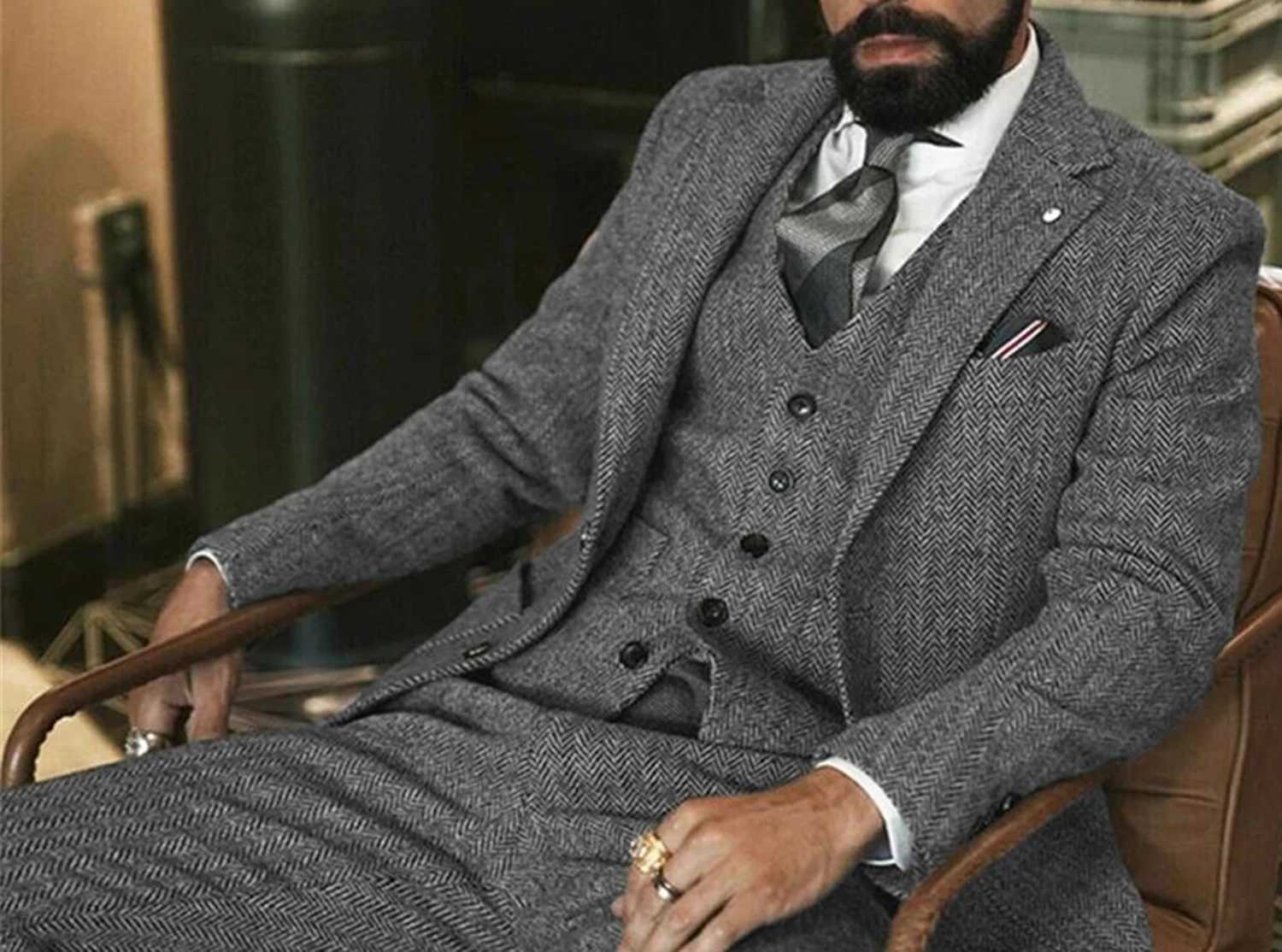 Grey wool coarse tweed mens winter suit herringbone slim fit formal grooms tailcoat 3-piece wedding mens suit (jacket+vest+pants) X2411261 - view 3