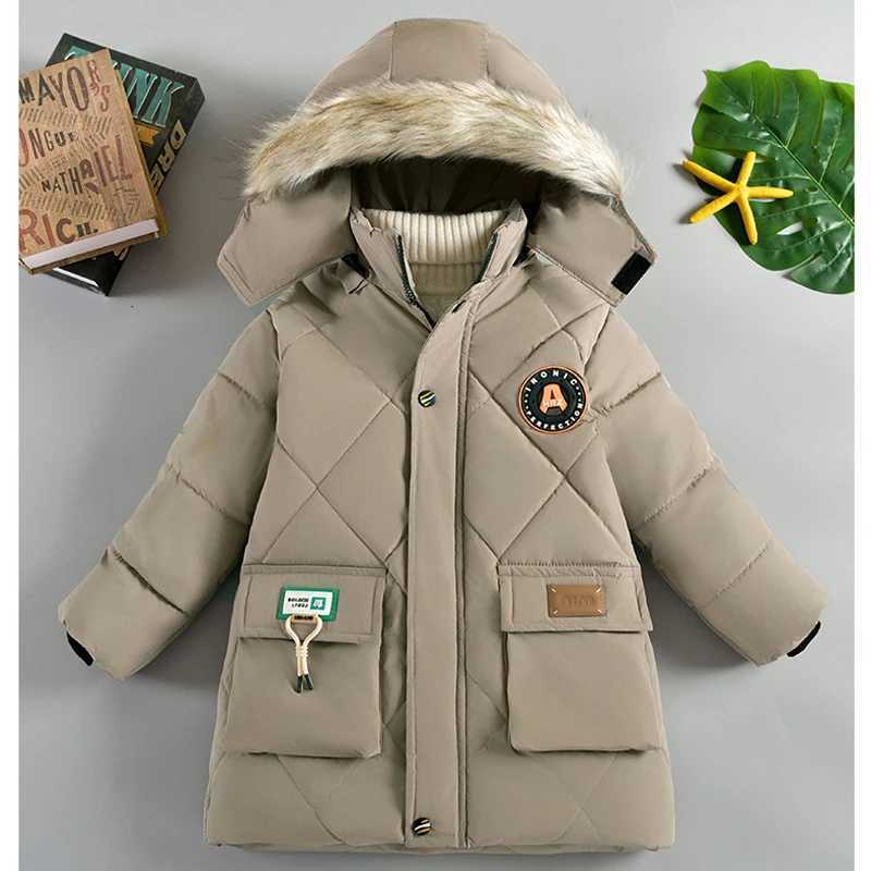 Down Coat 2024 Winter New Boys Jacket Solid Color Lining Plush Keep Warm Fur Collar Hooded Zipper Outerwear For 4-10Y Teen Kids Snowsuit H241123E0R8