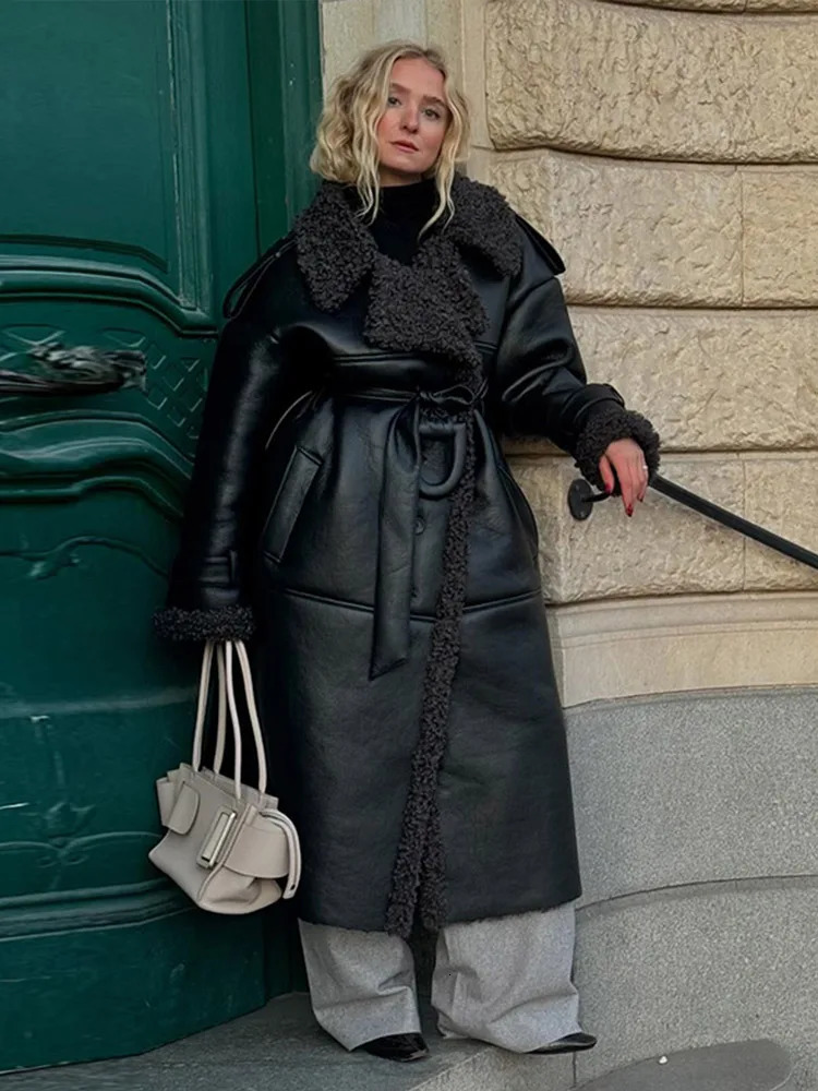 Street womens leather sheepskin wool coat long sleeved single breasted jacket with lapel 2024 thick winter jacket 241126