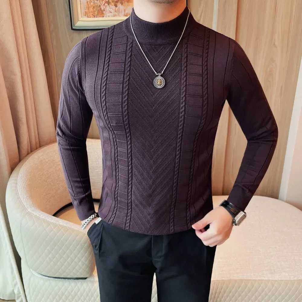 Mens knitted pullover sweater 2024 winter new item thick solid casual elastic slim fit semi high neck sweater mens clothing X241126
