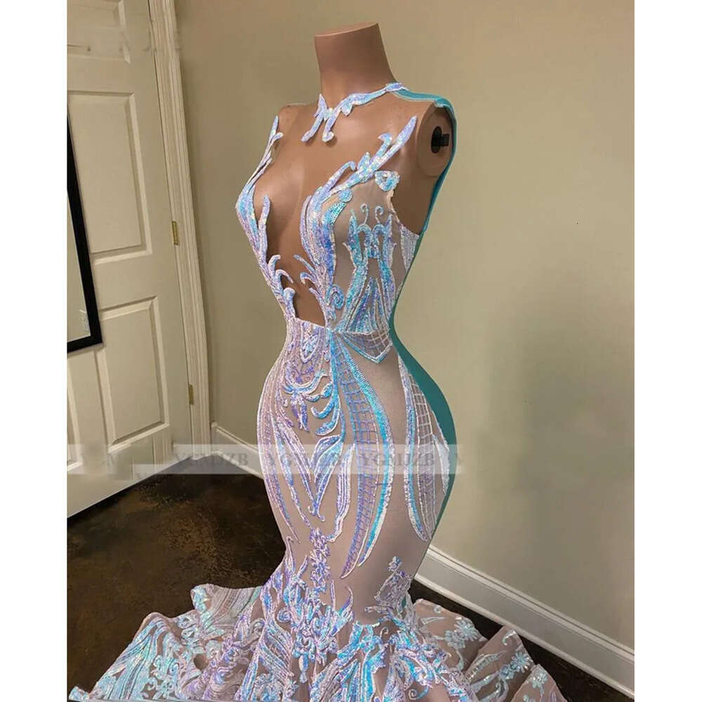 Sequin Sparkly Long Girls Black Prom Dresses Sexy Illusion O Neck Mermaid African Women Gala Evening Party Gowns Robes