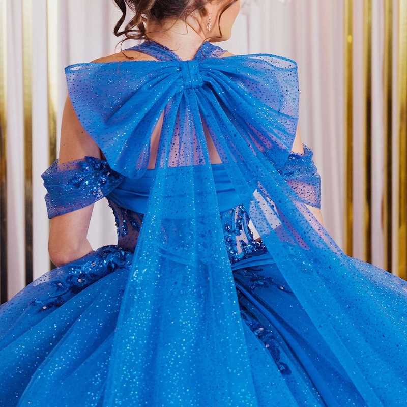 Royal Blue Shiny Quinceanera Dresses Off Shoulder Vestidos De 15 Anos Sequin Applique Beads Bow Tull Formal Birthday Party Sweet 16 Dress