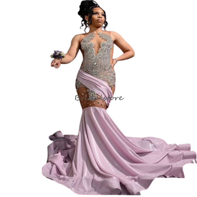 Stunning Pink Baddies Prom Dresses For Black Girl 2024 Luxury Diamond Gillter Illusion Birthday Party Gowns Elegant Formal Ceremony Sixteen Vestios De