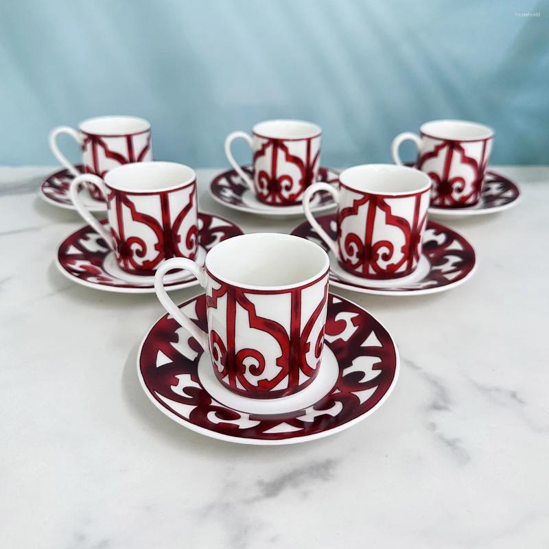 Cups Saucers 6 Pcs Set Chinese Red Top Grade Ceramic Espresso Coffee Cup Tea Milk Drinking With Handle Mug For Office Novelty Z250314