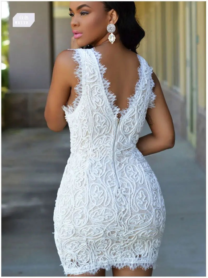 Autumn and Winter Sexy Party Club Short Skirt V-neck Womens Sleeveless Lace Tight Dress Vestido Black and White Guest Style