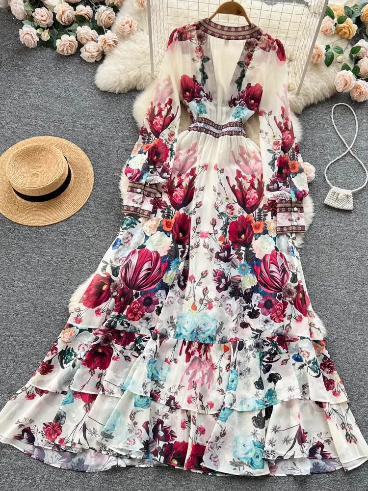 Fashion Runway Gorgeous Flower Chiffon Cascading Ruffles Dress Women Deep V Neck Long Sleeve Floral Print Boho Robe Vestido 241112