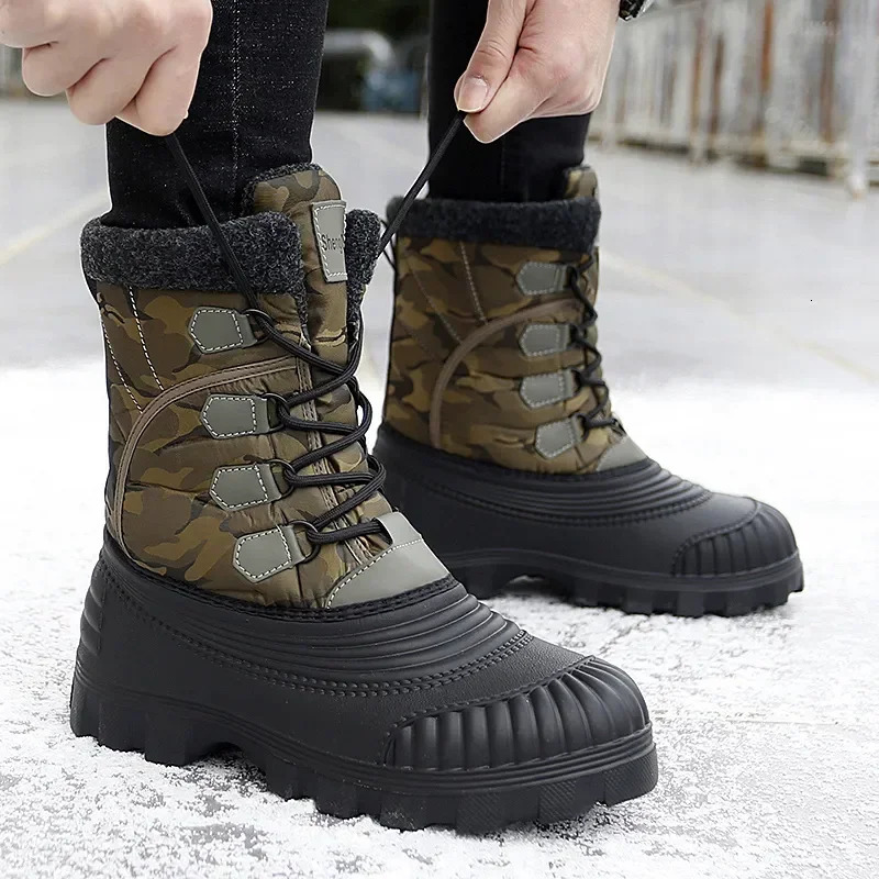 High top winter camouflage boots warm and thick plush mens outdoor walking shoes waterproof snow boots mens cotton shoes mens lace boots 241126