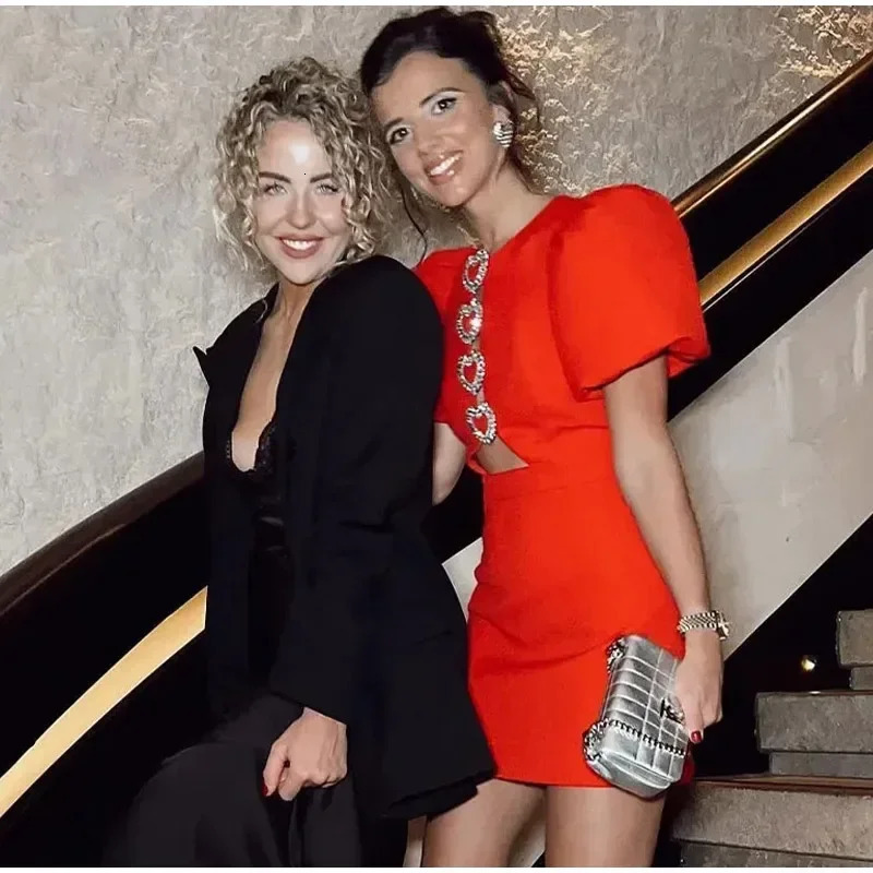 BWQ Bow Hollow Red Black Mini Dress Womens Sexy Puff Sleeve O-neck Party Dress Summer Elegant Shining Dress 241125