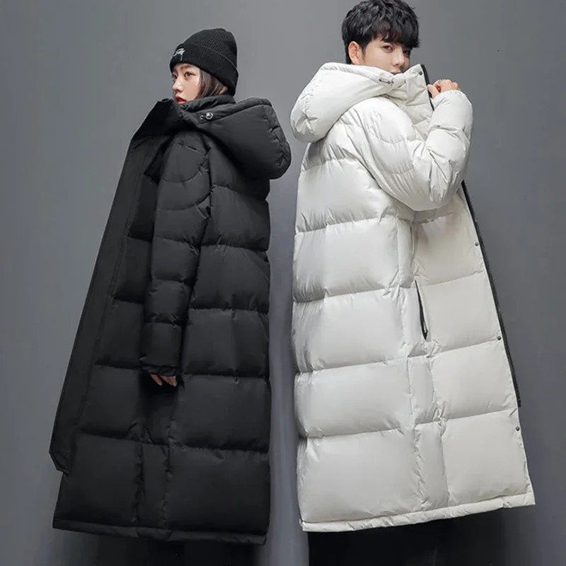 Winter Outerwear Long Down Jacket Men Women Casual Long Knee-length Hooded Parka Coat Thicken Versatile White Duck Down Coat 241125