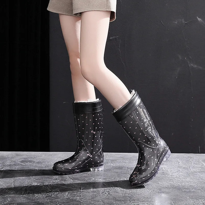 Comemore Warm Rain Shoes Womens Striped Fashion Water Shoes Plush Rubber High Rain Boots Womens Winter Galoshes Red Free Delivery 241126