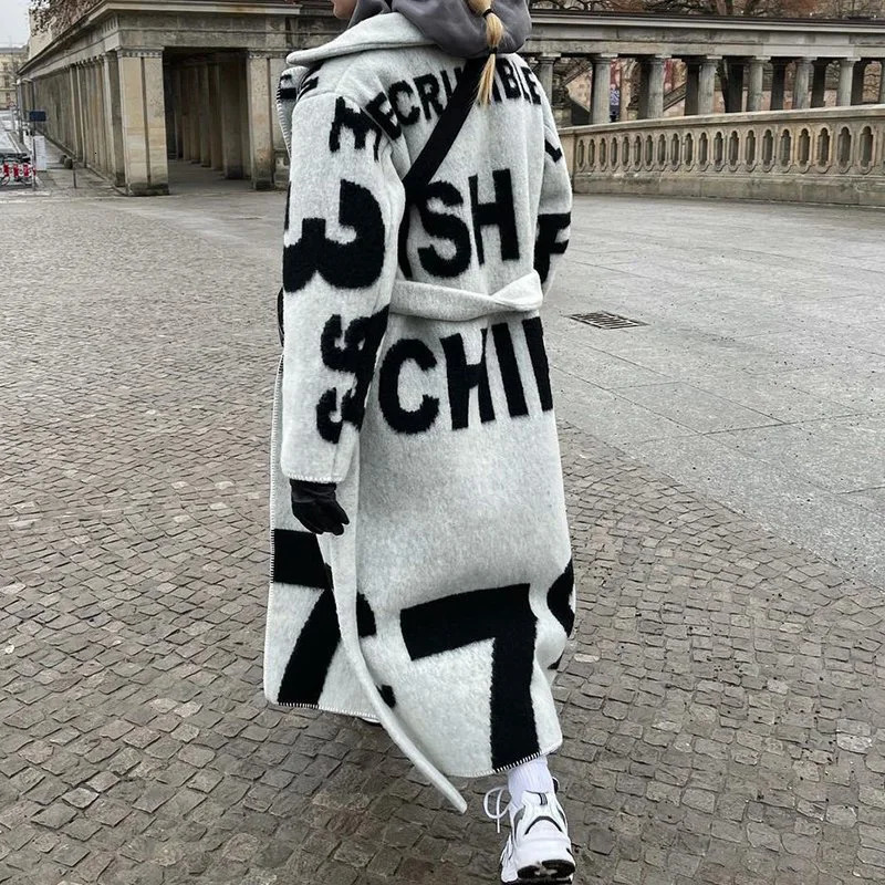 Womens long double-sided printed coarse woolen coat autumn elegant lapel lace fashionable open collar jacket long sleeved loose jacket 241125