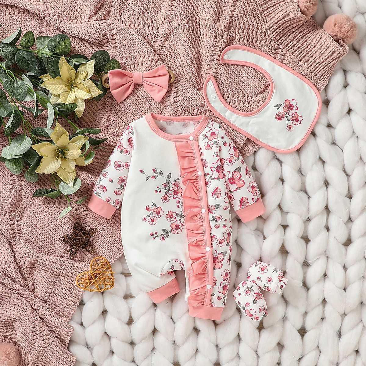 Clothing Sets 4Pcs Baby girls lovely print Flower autumn long-sleeve Fashion Vacation Jumpsuit +Bib+Headband+Gloves H241126