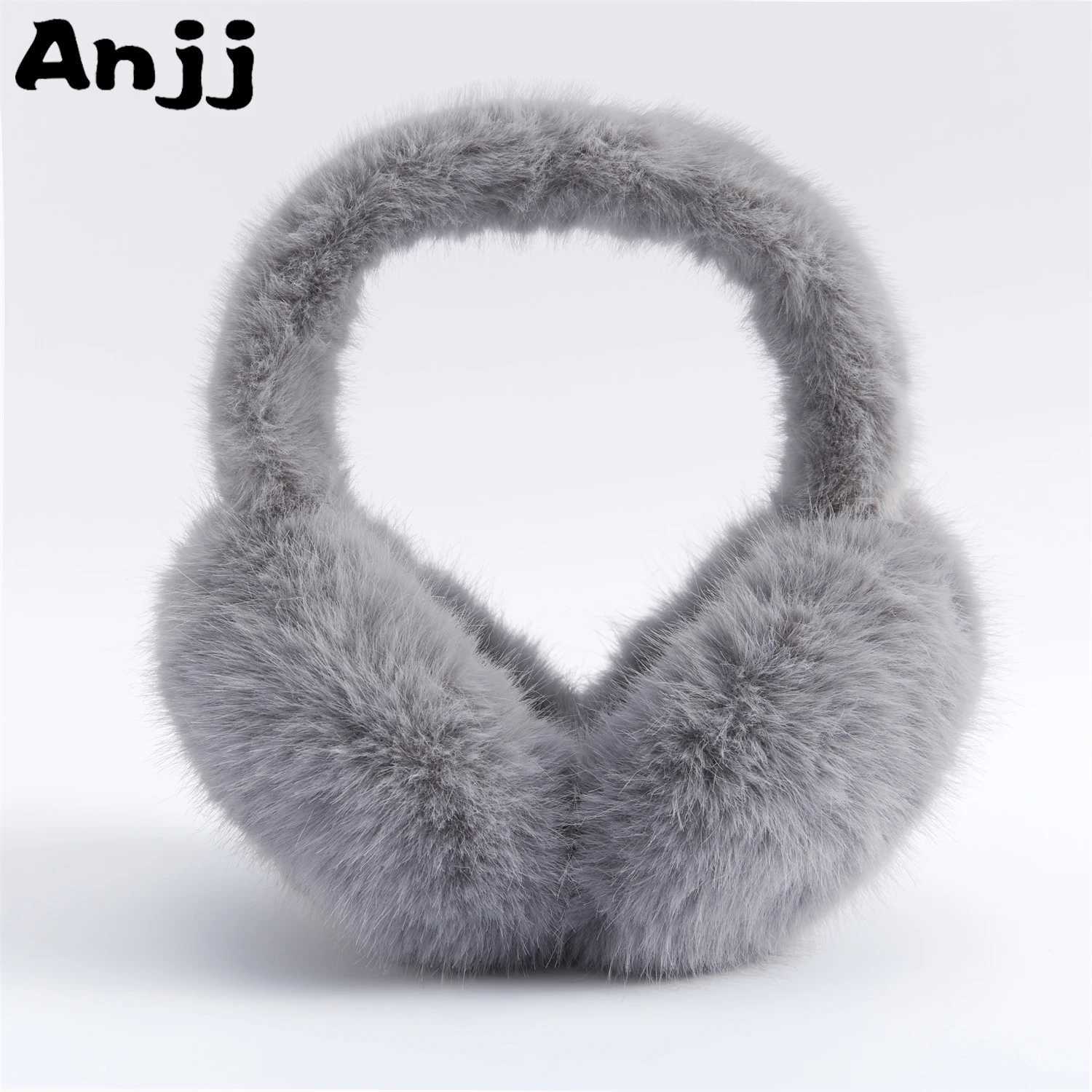 Anjj New Grey Foldable Earmuffs Fashion Cute High Quality Plush Thermal Earmuffs for Woman Man Christmas PresentXJ241126