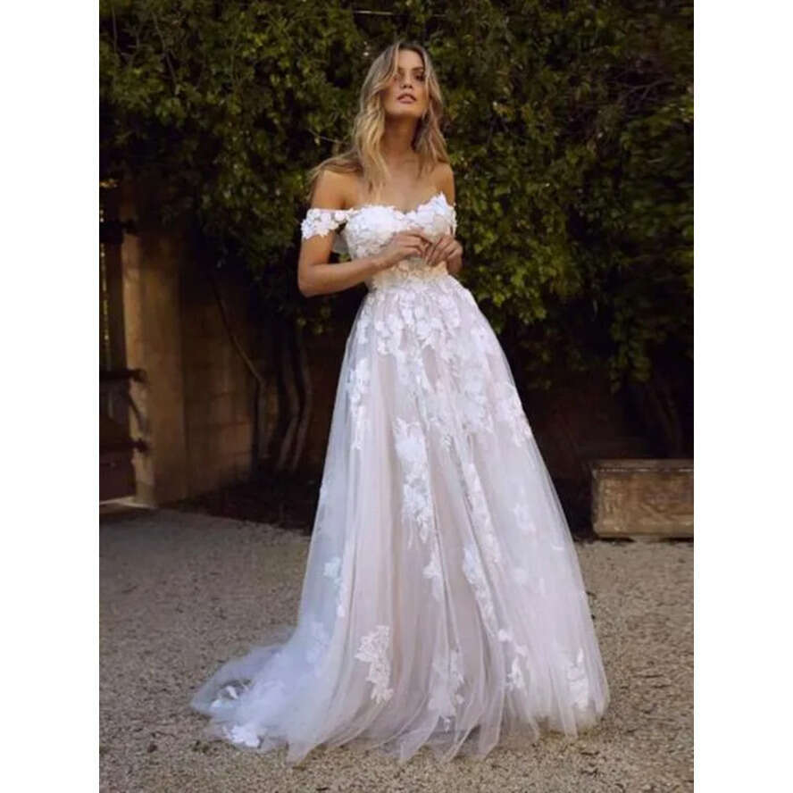 New Country Boho Wedding Dresses Sexy Backless A E Off Shoulder Appliqued Tulle Long Summer Bridal Gowns Bohemian Bm1510