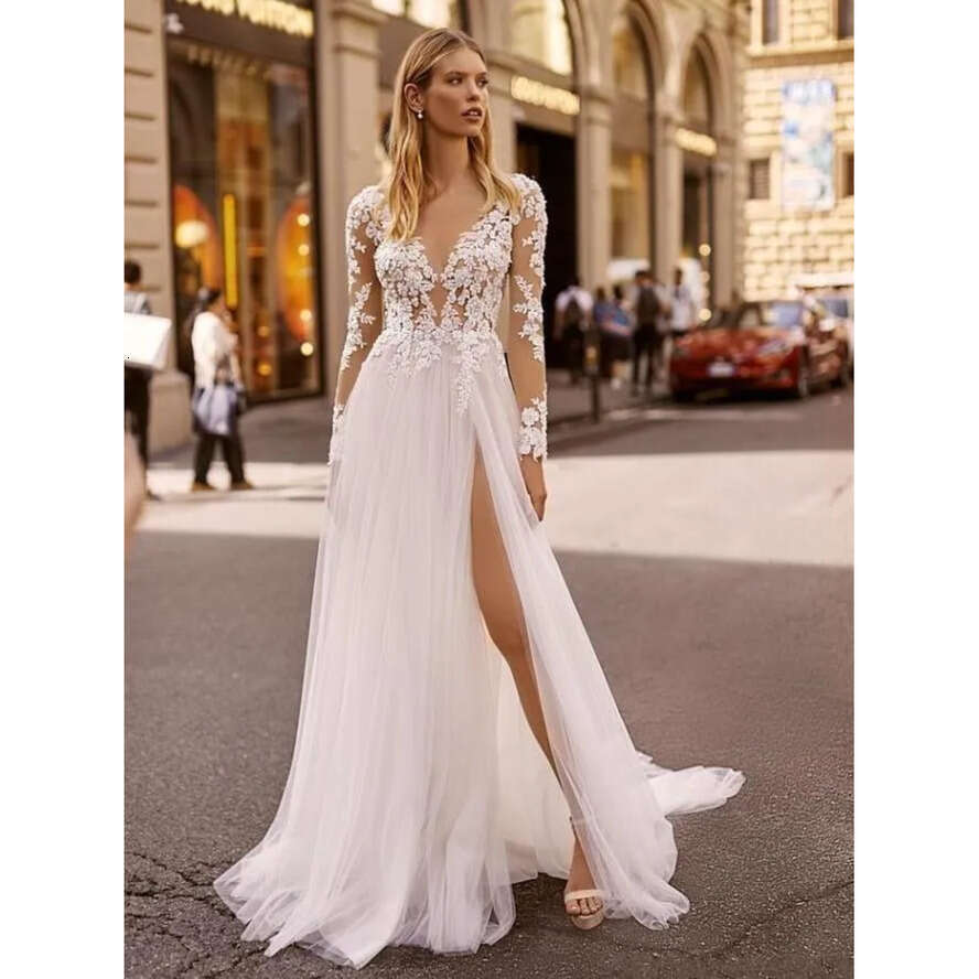 Berta Wedding Dresses Sheer Appliqued Long Sleeves Lace Bridal Gown Backless High Split Ruffle Sweep Train Robes De Mariee