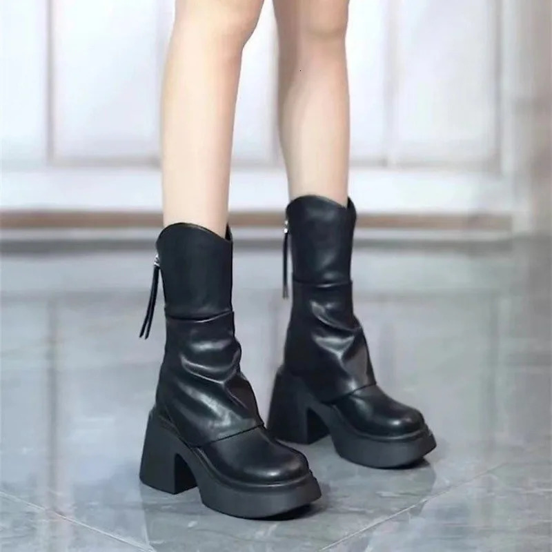 2024 Autumn Winter Women Shoes Leather Short Boots for Women Round Toe Chunky Heel Boots Zipper Ankle Boots Female Platform Heel 241126