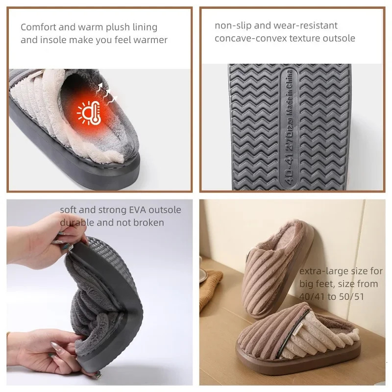 Winter mens warm slippers mens non slip soft shoes comfortable flat shoes indoor bedroom plush slippers oversized cotton shoes 241126