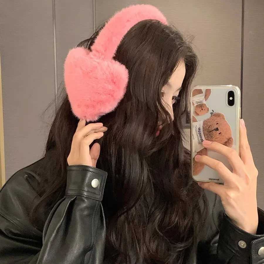 Y2k Korea Women Kaii Pink Heart Earmuffs Winter Warm Thickened Janese JK Ear Protection Cycling Eaags AccoriesXJ241126