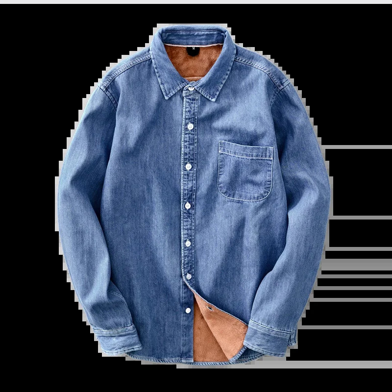 Winter pleated thick denim shirt mens long sleeved pure cotton warm top Japanese loose size fashionable shirt trend 241126