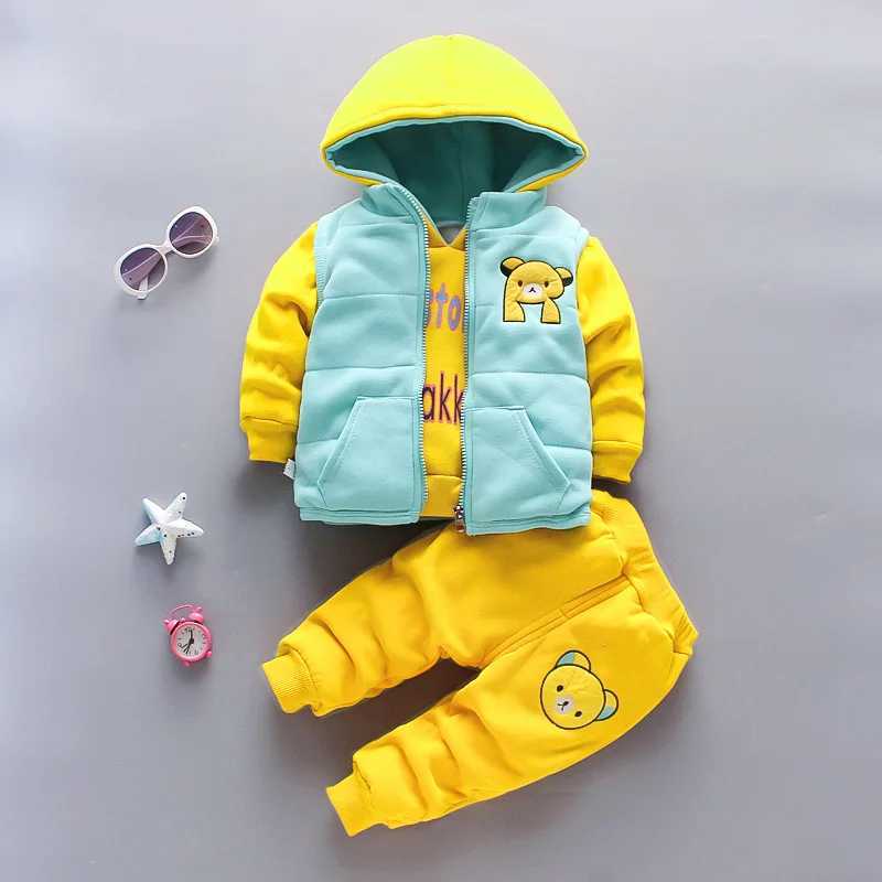 Clothing Sets 2023 Winter Baby Boy Clothes Sets Autumn Cotton Thick Warm Hooded Sweater Cartoon Cute Bear Three-Piece Baby Girl Suit 0-5Y H241126