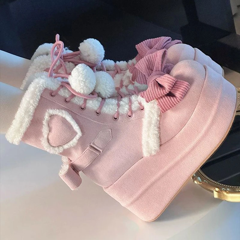 Lovely Girls Lolita Winter Mid-Calf Snow BootsCute Female Students Bowknots Lace Up Wedge Heel Plush Warm Heightening Shoes 241126