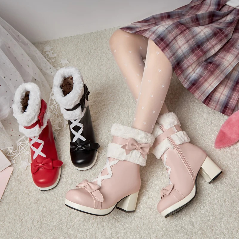Winter High Heels Lolita Ankle Boots Artificial Fur Waterproof Platform Thick Bottom Cute Bow Red Pink Black Womens Shoes Size 34-43 241126