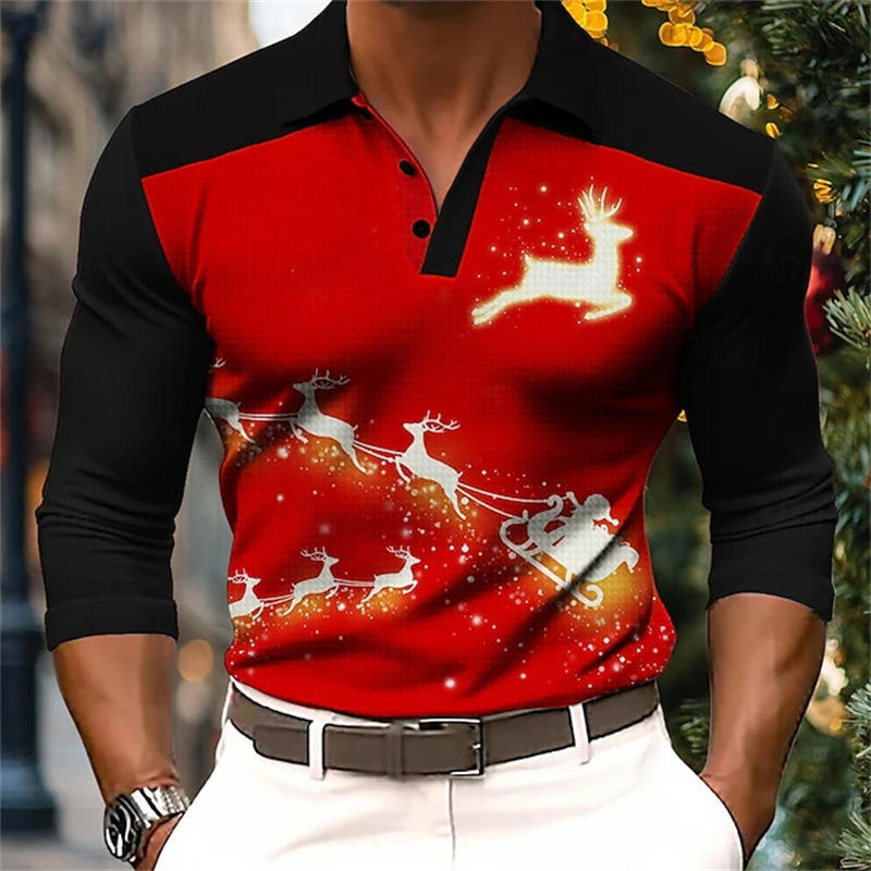 Santa Claus 3d Printed Mens Long Sleeve Polo Shirt Casual Mens Fashion Christmas Golf Shirt Autumn Holiday Party Men Clothing 241126